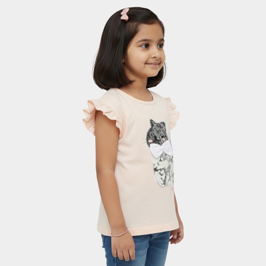 Girls' Pink Cotton Round Neck Sequin Cat Graphic Ruffle Sleeve T-Shirt, हल्का गुलाबी, large