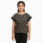Girls' Jet Black Round Neck Casual Floral Printed T-Shirt, काला, small image number null