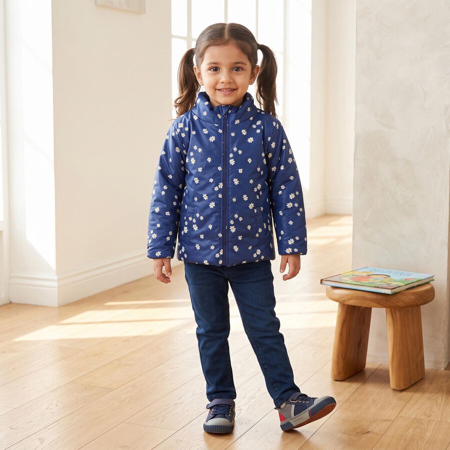 Girls' Navy Blue Stand Collar Puffer Jacket, Navy Blue, large