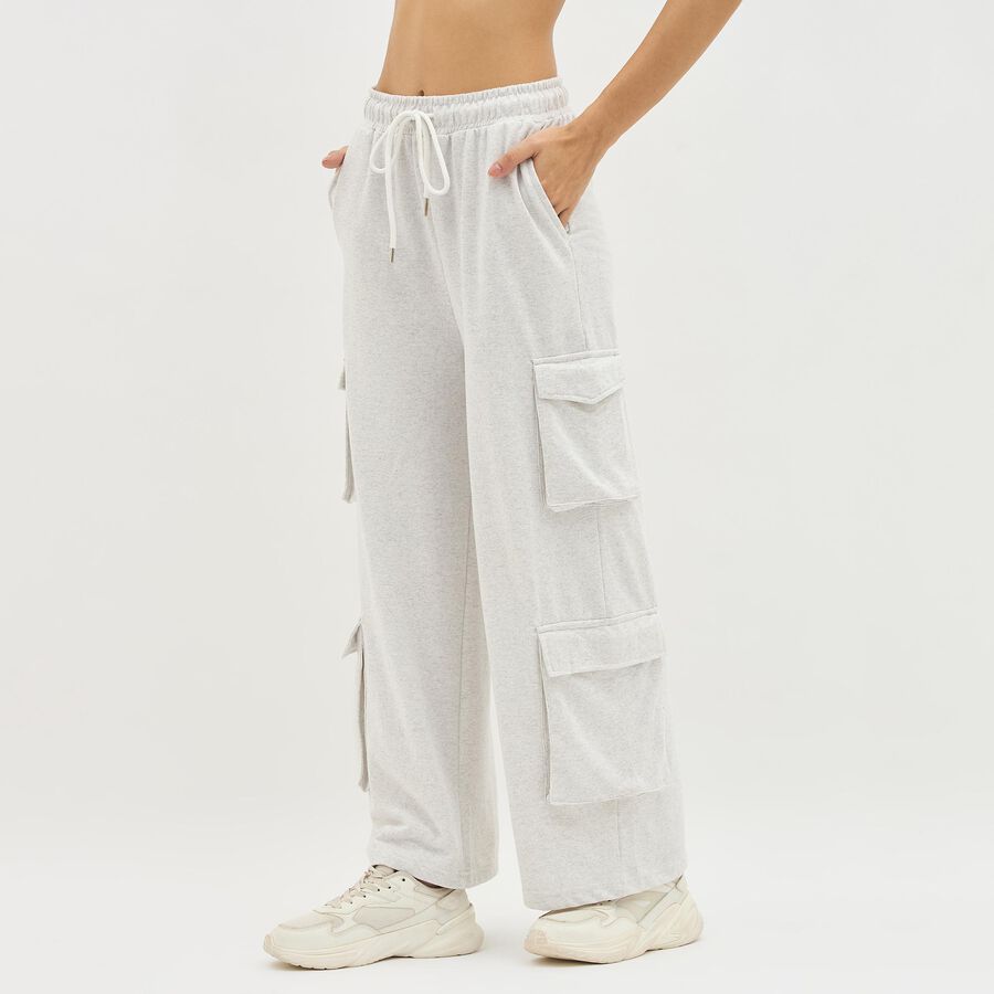 Women's Light Ash Grey Regular Fit Cargo Track Pants, Ecru Melange, large image number null