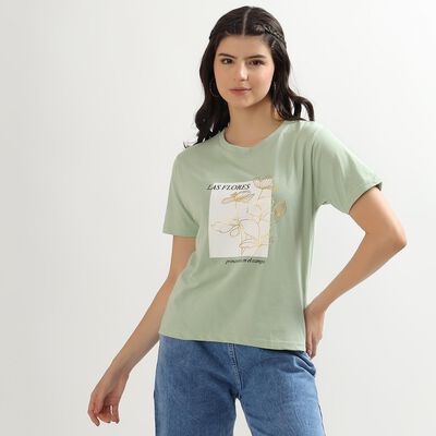 Women's Mint Green Cotton Round Neck T-Shirt
