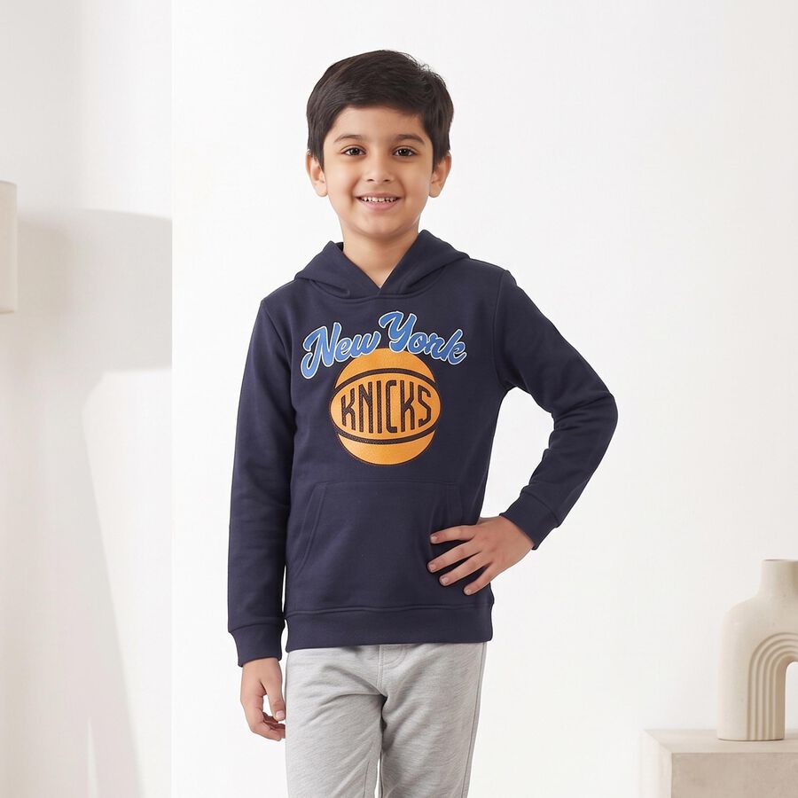 Boys' Navy Blue Hoodie Neck Graphic Sweatshirt, नेवी ब्लू, large