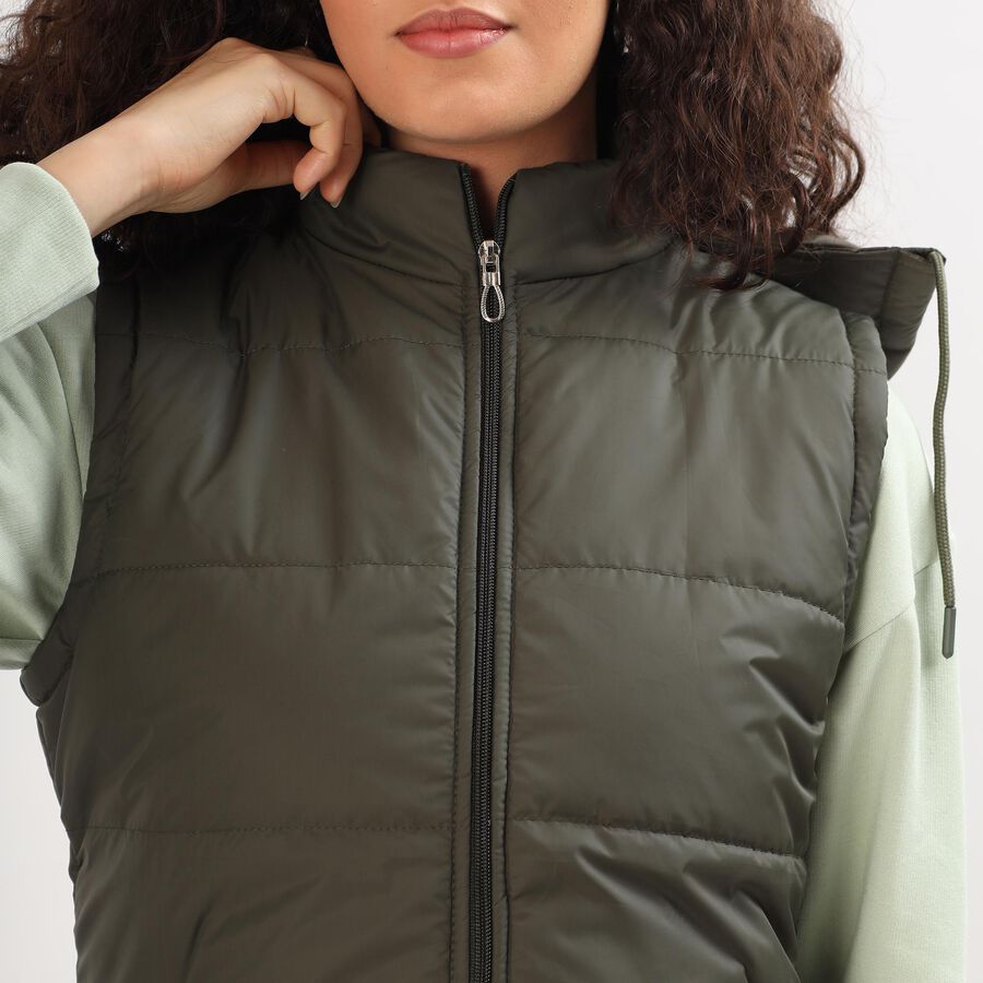 Women's Olive Hooded Sleeveless Puffer Jacket, Olive, large image number null