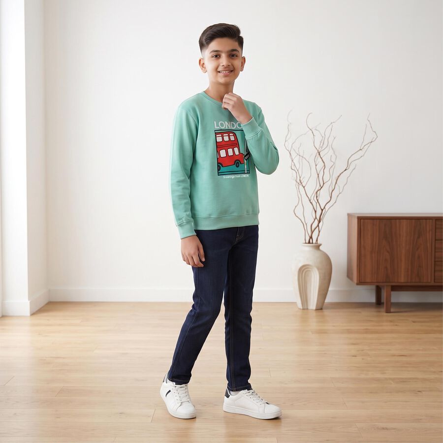 Boys' Mint Green Crew Neck Graphic Print Sweatshirt, Dark Green, large