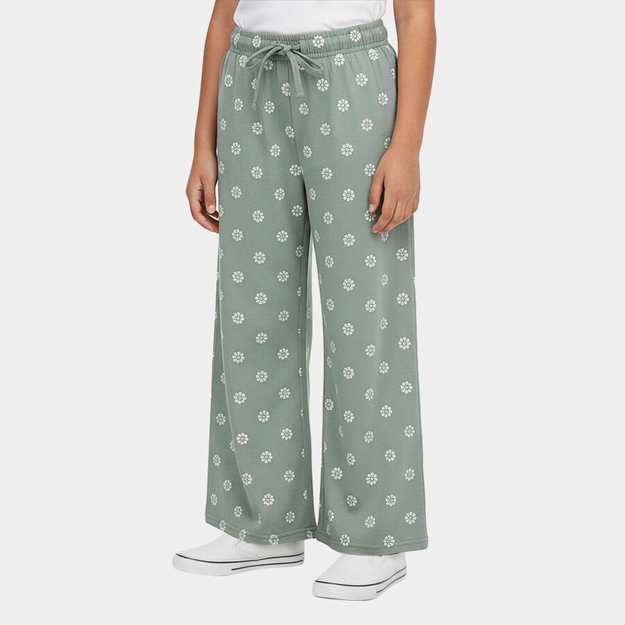 Girls' Muted Sage Green Floral Printed Cotton Blend Pyjama, Light Green, large image number null