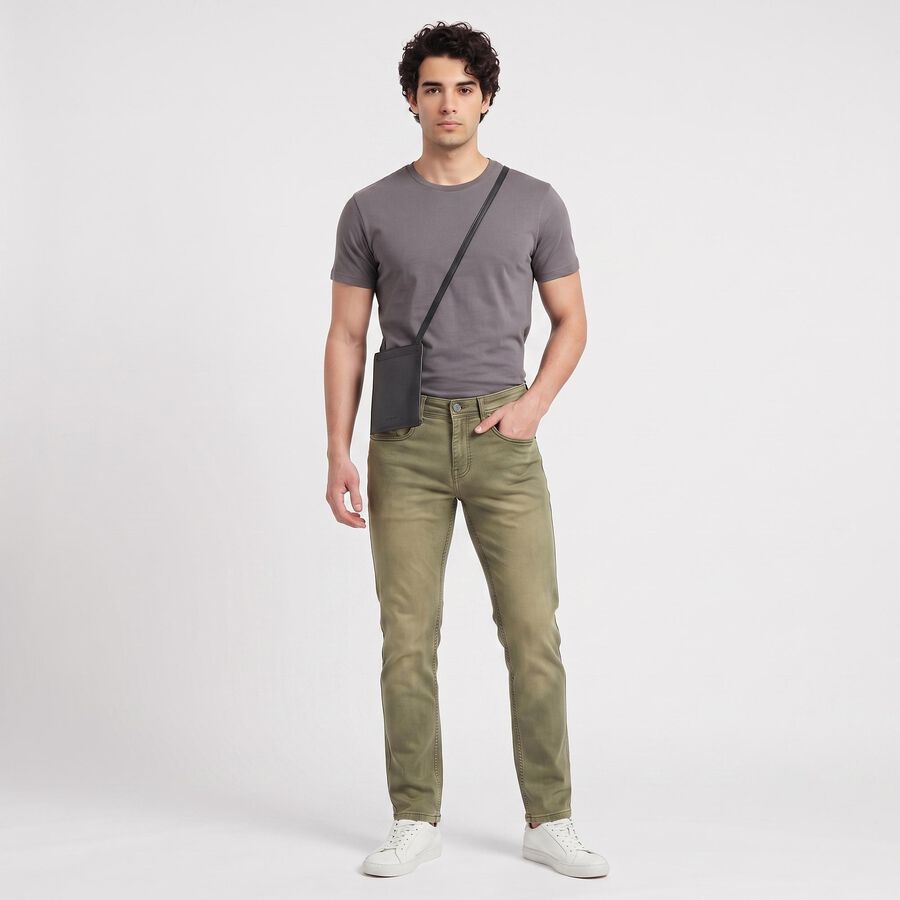 Men's Olive Green Slim Fit Faded Jeans, ओलिव, large