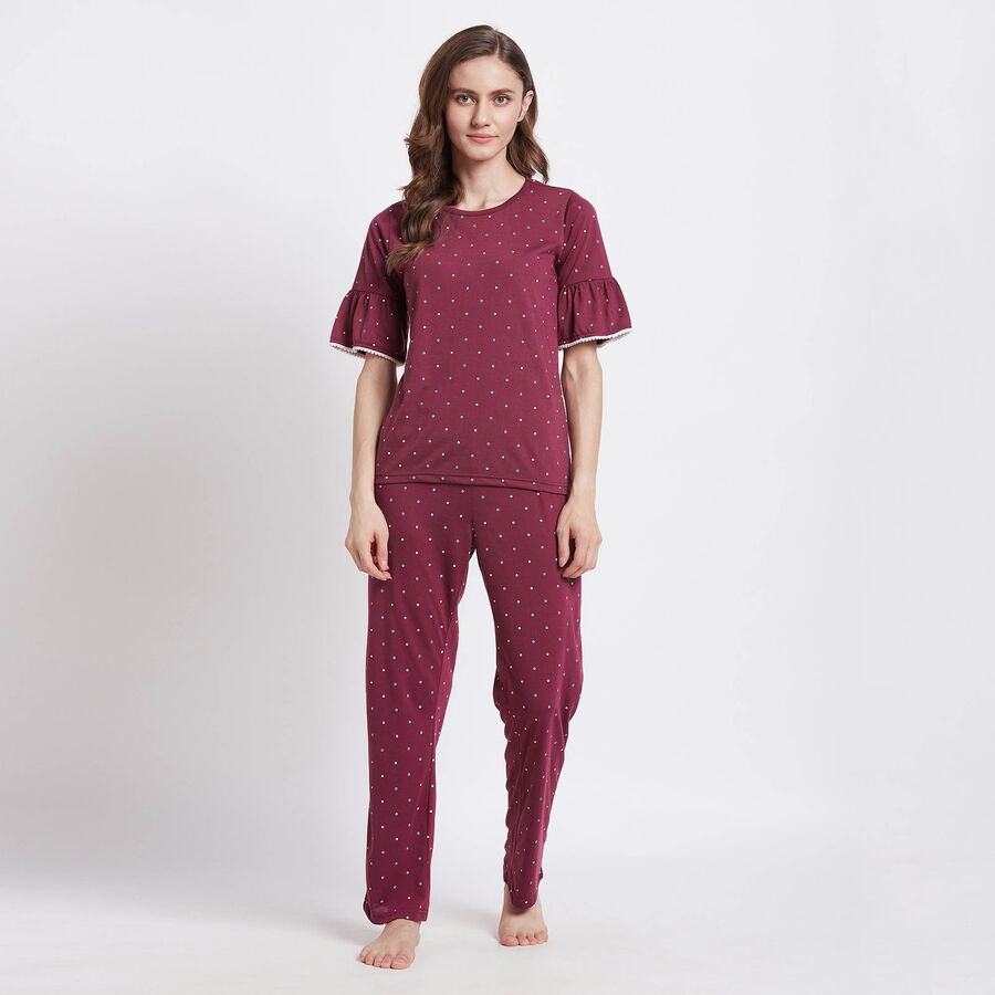 Cotton Printed Night Suit, Maroon, large image number null