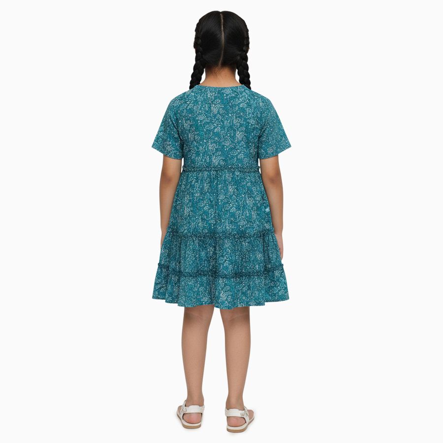 Girls' Bright Floral Sleeveless Casual Dress, टील ब्लू, large