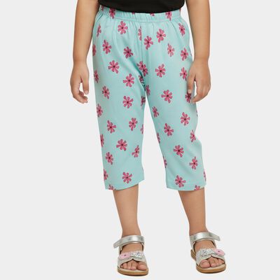 Girls' Teal Printed Regular Fit Cotton Blend Capri