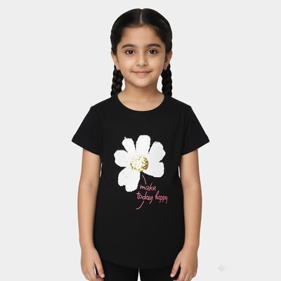 Girls Black Cotton Round Neck Casual T-Shirt