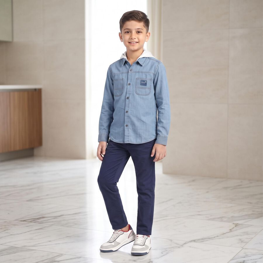 Boys Light Blue Long Sleeves Hooded Shirt, Light Blue, large