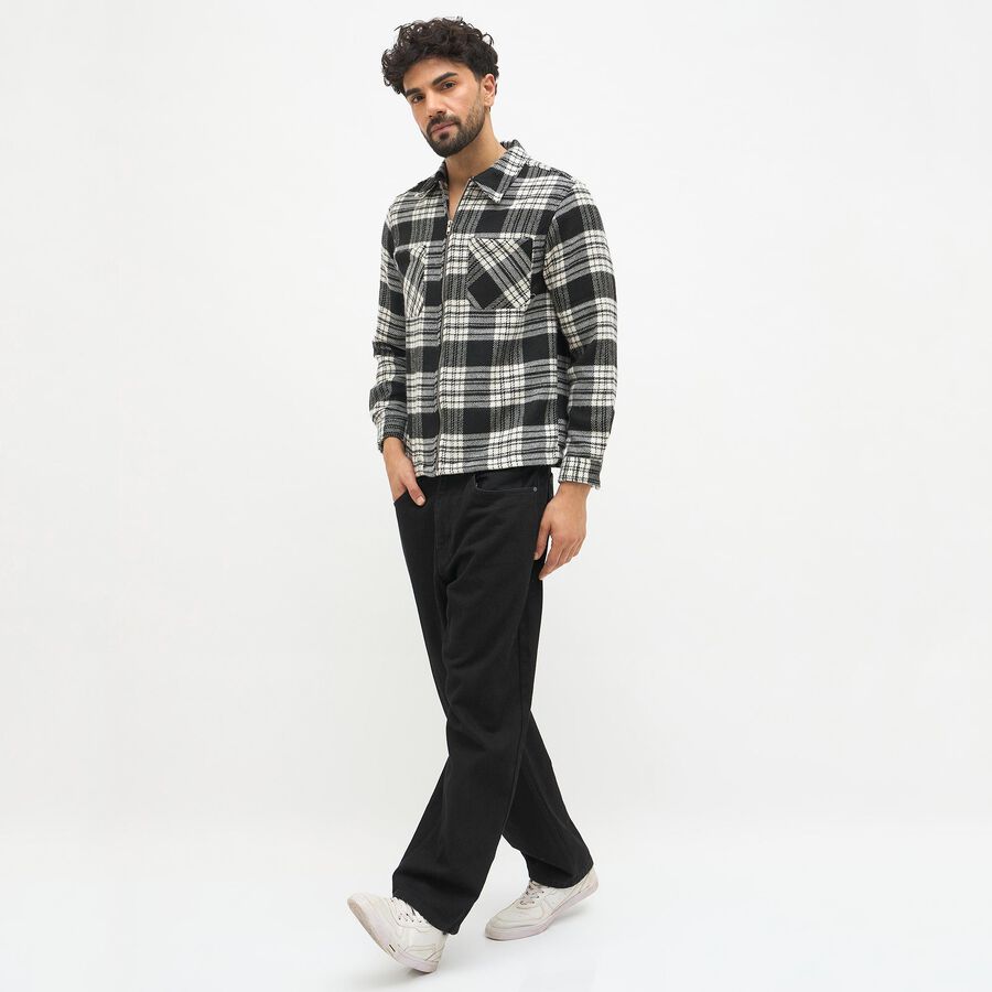 Men's Black and White Spread Collar Casual Jacket, काला, large image number null