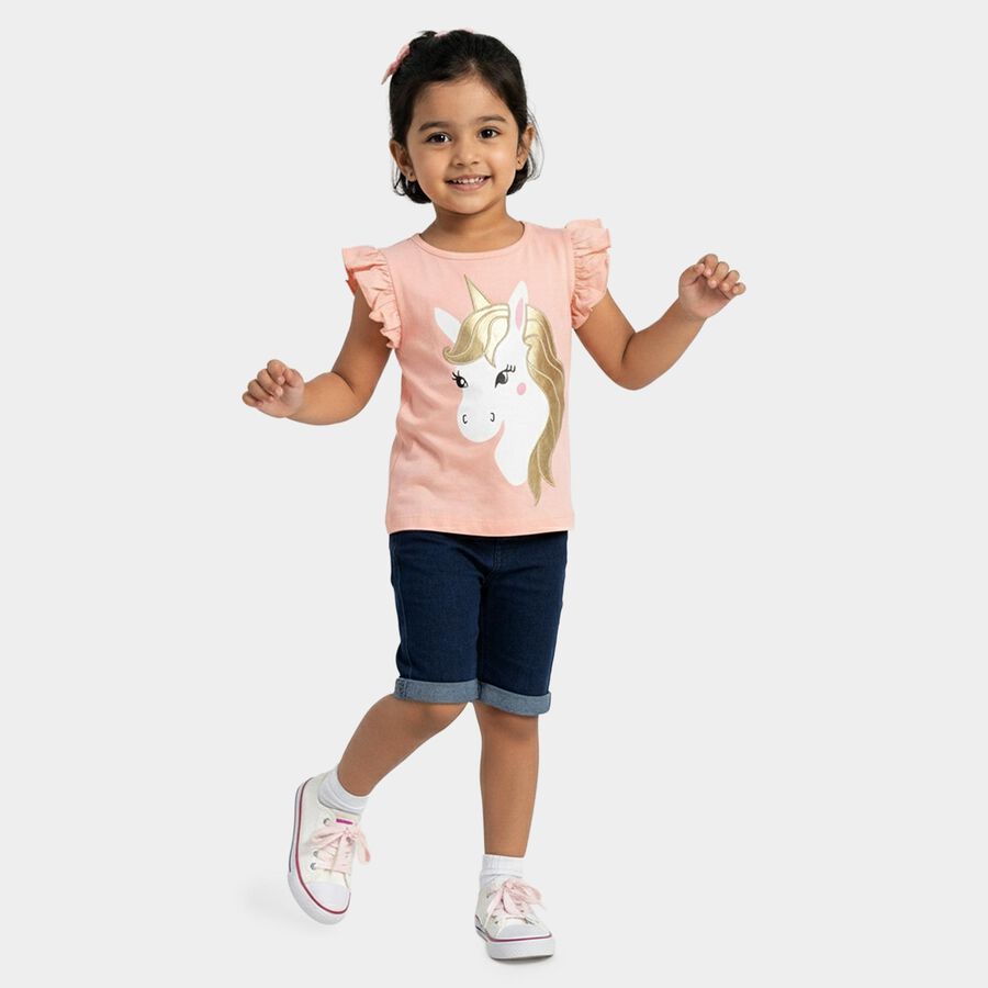 Girls Peach Cotton Round Neck Casual T-Shirt, Peach, large