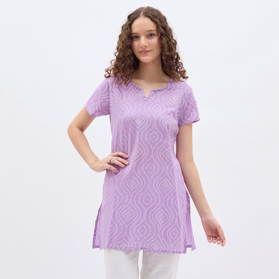 Ladies' Soft Lavender Purple Notch Neck Printed Kurti, Lilac, large