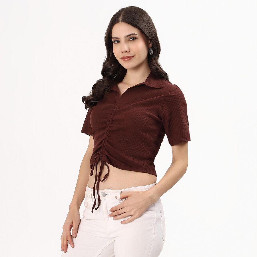 Women's Rich Chocolate Brown Cotton Collared Casual Crop Top, Brown, large