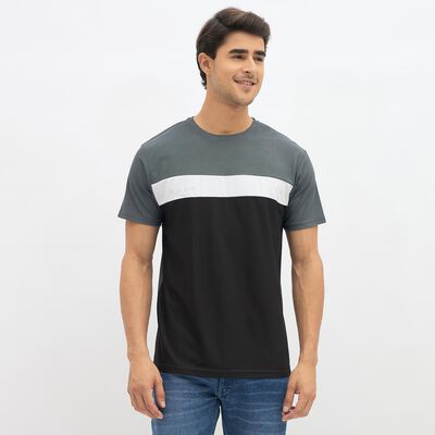 Men's Dark Grey and Black Round Neck Athleisure T-Shirt