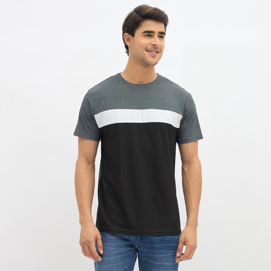 Men's Dark Grey and Black Round Neck Athleisure T-Shirt, Dark Grey, large image number null