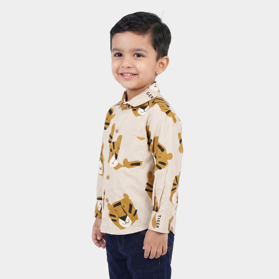 Boys Beige Cotton Long Sleeve Collar Shirt, गहरा पीला, large