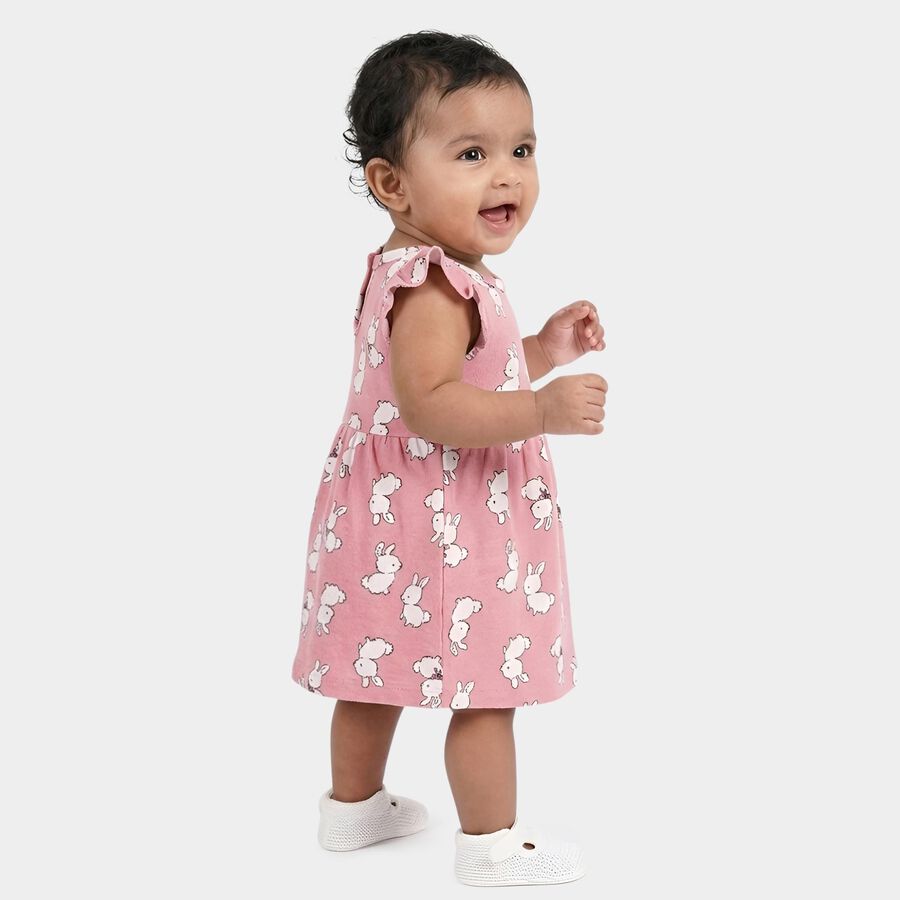 Infants' Pink Regular Fit Bunny Printed Ruffled Sleeve Frock, Light Pink, large