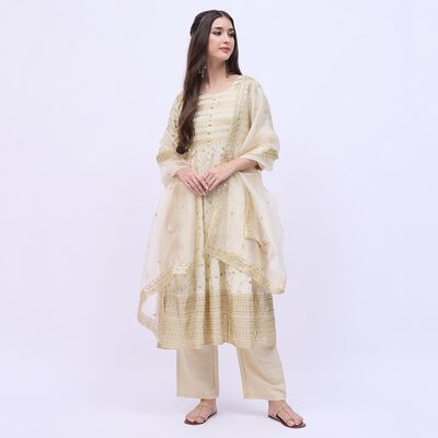 Women's Soft Ivory Round Neck Embroidered Anarkali Kurta