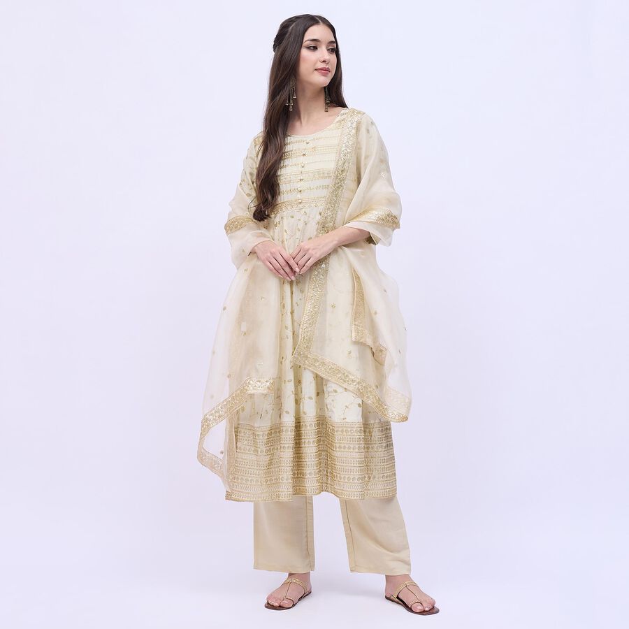 Women's Soft Ivory Round Neck Embroidered Anarkali Kurta, Beige, large image number null
