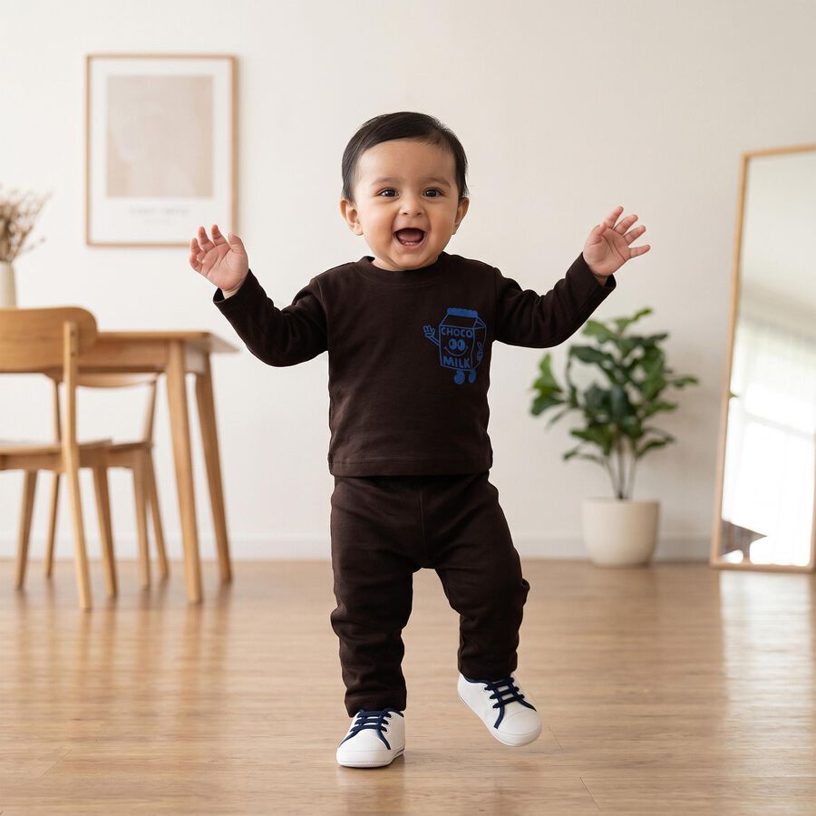 Infants' Brown Round Neck Graphic Baba Suit, Brown, large
