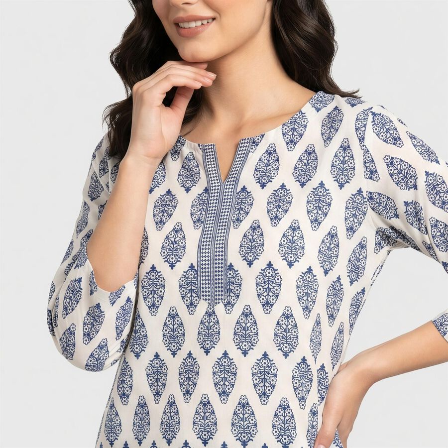 Women's White Notch Neck Floral Printed Kurti, सफ़ेद, large
