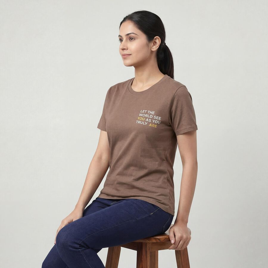 Women's Brown Round Neck Casual T-Shirt, Brown, large