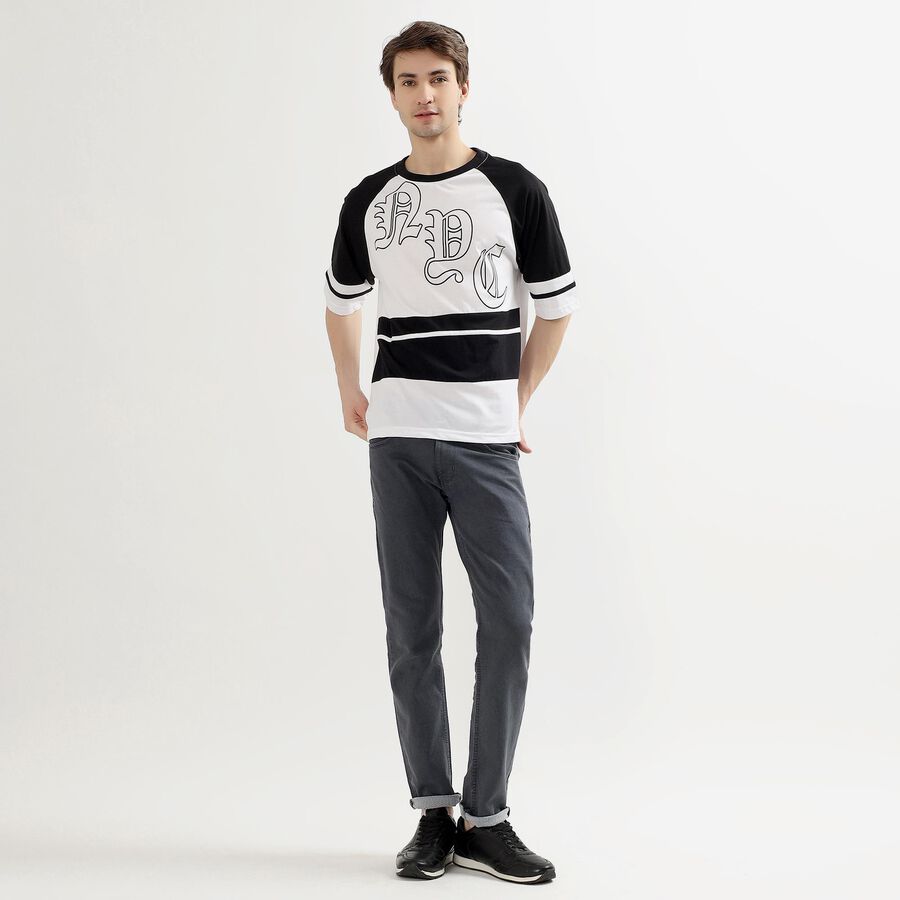 Men's Black and White Round Neck Casual Printed T-Shirt, Black, large image number null