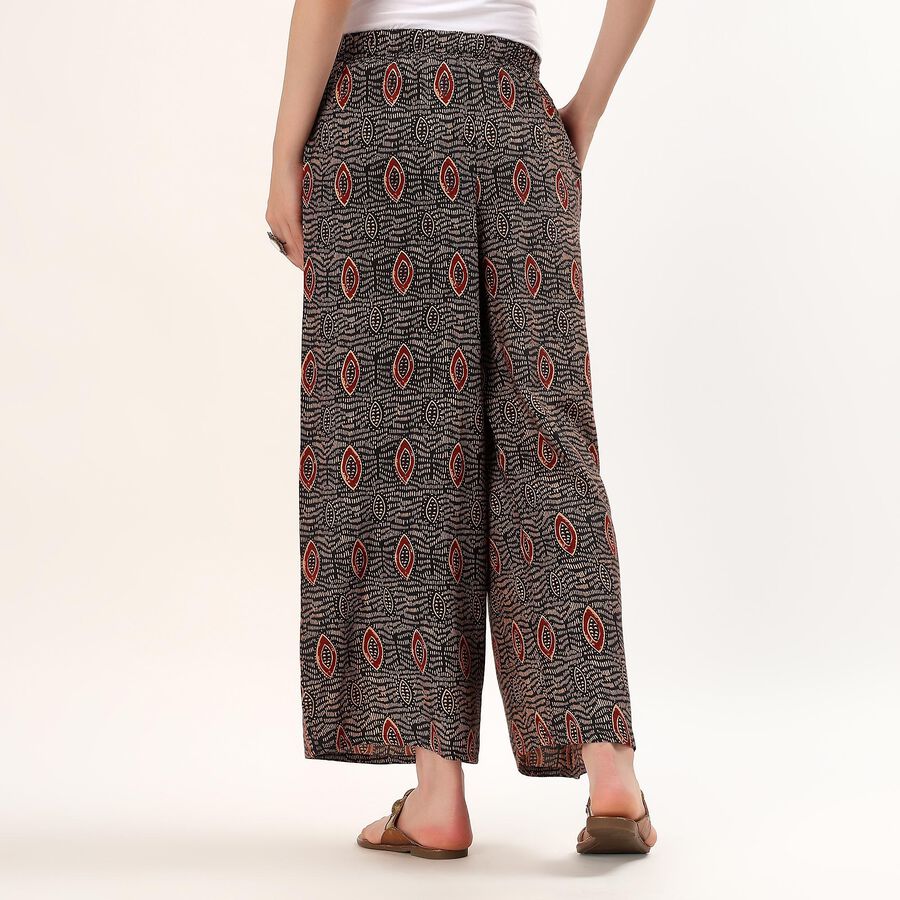 Women's Black Wide-Leg Smocked Printed Palazzos, काला, large