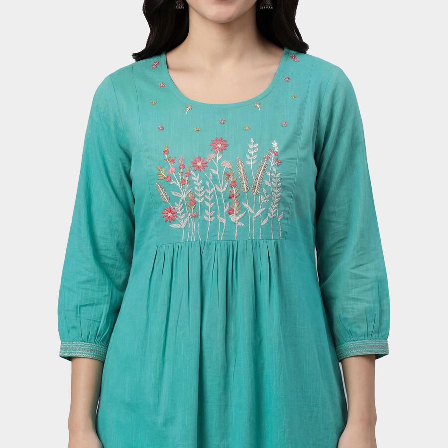 Women's Mint 100% Cotton V-Neck Floral Printed Kurta, Light Green, large