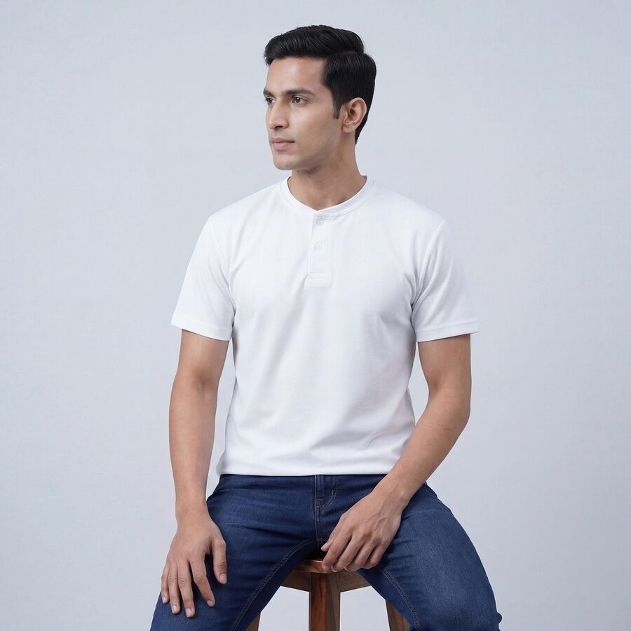 Men's White Henley Neck Casual Half Sleeve T-Shirt, White, large