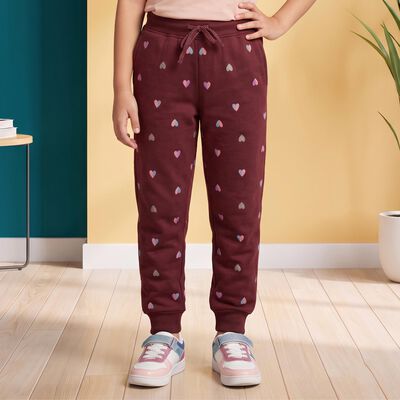 Girls' Maroon Regular Fit Heart Jogger Pyjama
