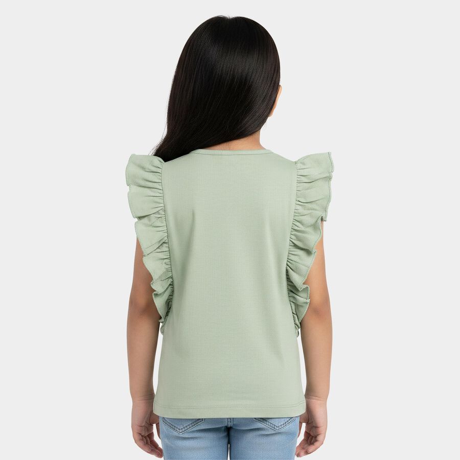 Girls' Mint Green Cotton Round Neck Graphic Print T-Shirt, Light Green, large