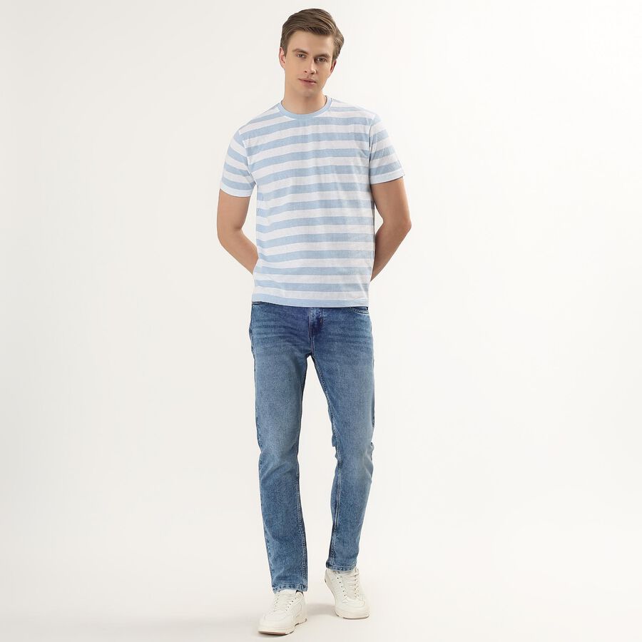 Men's Light Blue Round Neck Horizontal Striped T-Shirt, स्काई ब्लू, large