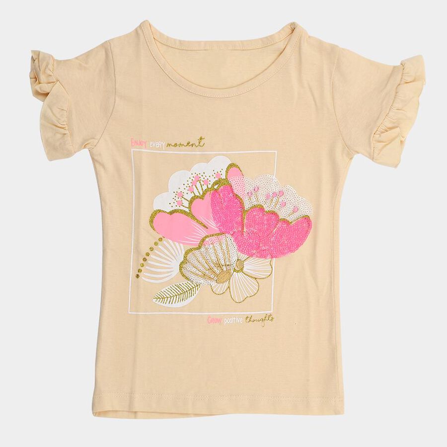 Girls Light Beige Cotton Round Neck Casual T-Shirt, गहरा पीला, large image number null