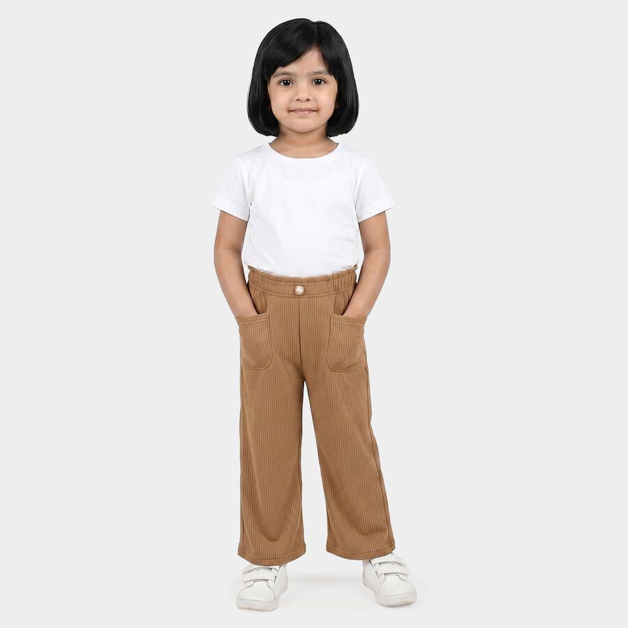 Girls' Beige Wide Leg Ribbed Trousers, गहरा पीला, large