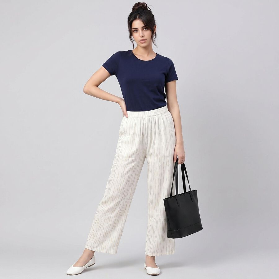 Women's Cream Regular Fit Printed Palazzos, Off White, large