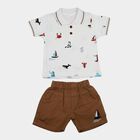 Infants' Beige 100% Cotton Polo Neck Graphic Print Baba Suit, Beige, small