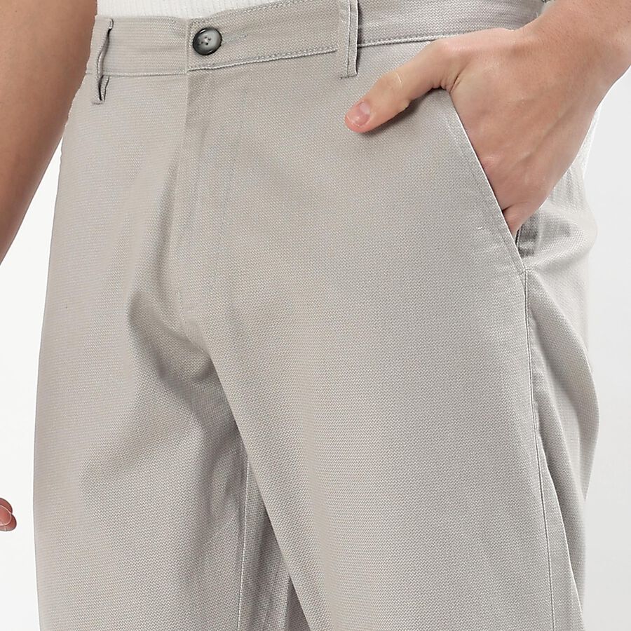 Men's Muted Silver Slim Fit Flat-Front Casual Trousers, सिल्वर, large