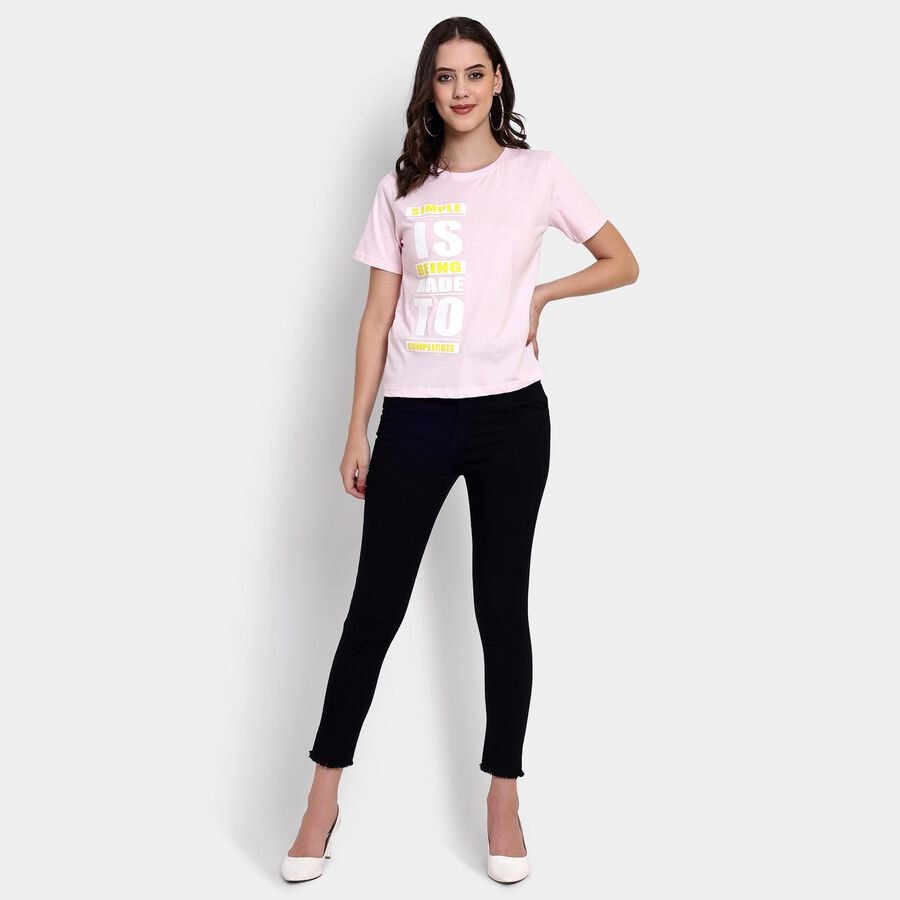 Ladies' 100% Cotton Round Neck T-Shirt , हल्का गुलाबी, large image number null