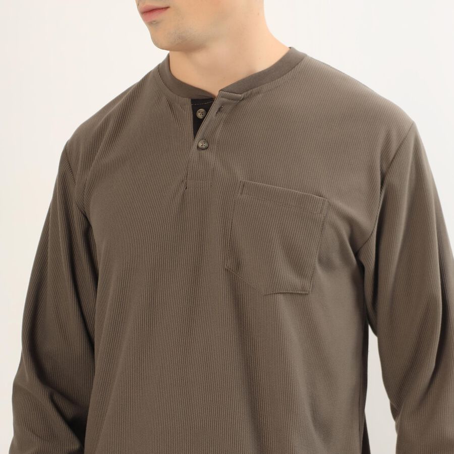 Men's Muted Olive Brown Henley Neck Casual T-Shirt, Khaki, large image number null