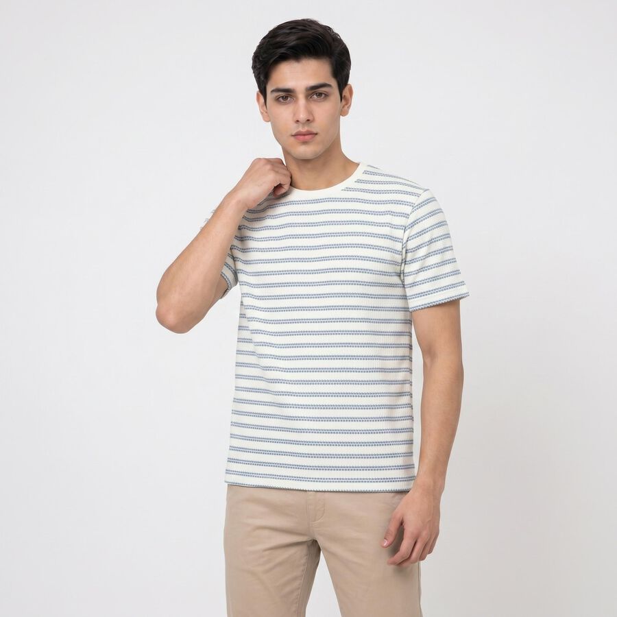 Men's Light Blue Round Neck Regular Striped T-Shirt, Light Blue, large