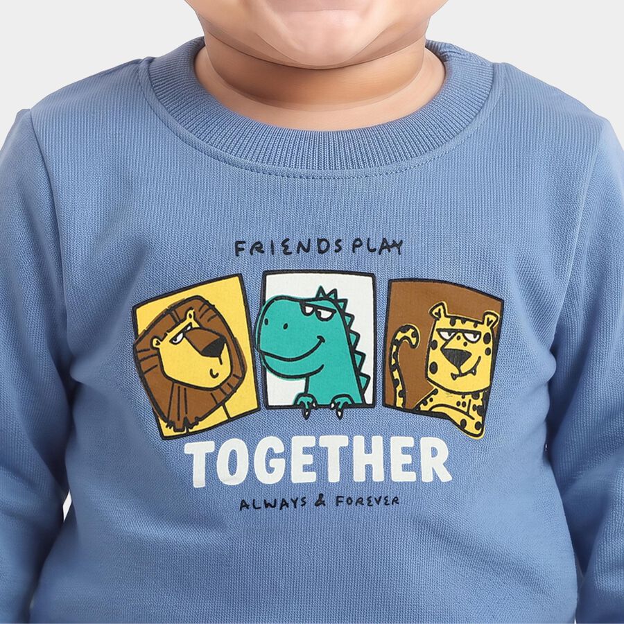 Infants Blue Crew Neck Graphic Print Sweatshirt, Mid Blue, large