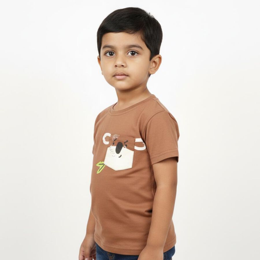 Boys Warm Brown Cotton Round Neck Casual T-Shirt, Brown, large image number null