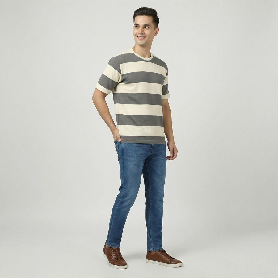 Men's Grey Round Neck Casual T-Shirt, Light Grey, large
