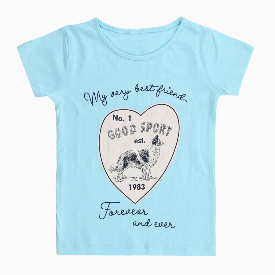 Girls Light Blue Cotton Round Neck Casual T-Shirt, हल्का नीला, large