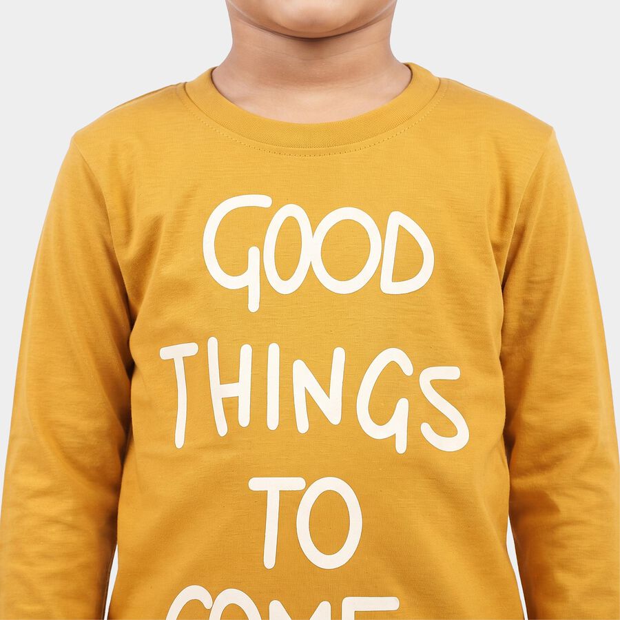 Boys Yellow Cotton Blend Round Neck Regular T-Shirt, पीला, large