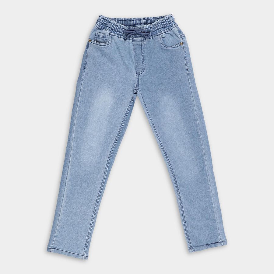 Boys' Light Powder Blue Regular Fit Elastic Waist Jeans, मध्यम नीला, large