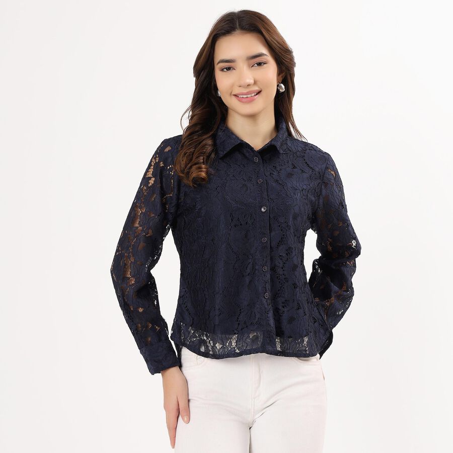 Women's Navy Blue Classic Full Sleeve Shirt , Navy Blue, large image number null